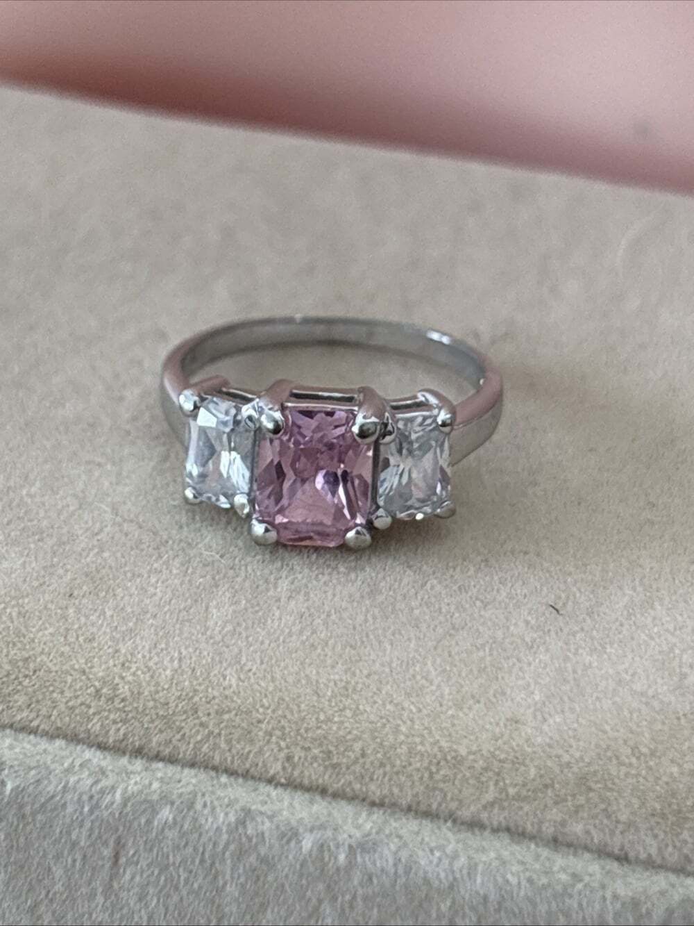 Emerald Cut Pink White CZ Three Stone Ring Past Present Future Sterling Size6.75
